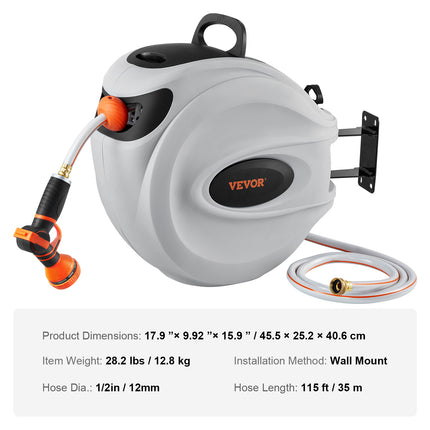 VEVOR Retractable Wall-Mounted Hose Reel with 180° Swivel & Durable De