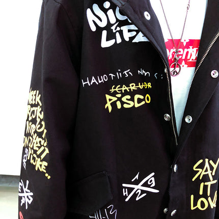 Black Hooded Graffiti-Print Long Coat