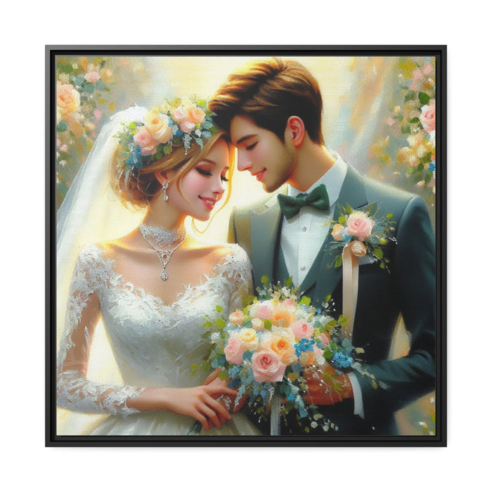 Elegant Wedding Couple Canvas Print in Black Pinewood Frame with Sustainable Materials