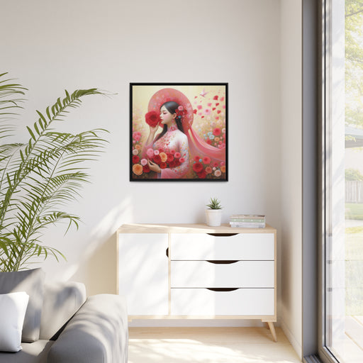 Elegant Asian Beauty Matte Canvas Print Set in Sleek Black Pinewood Frame