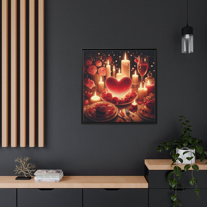 Sleek Black Pine Framed Valentine Night Canvas Art