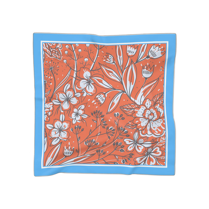 Blue and Orange Floral Sheer Poly Voile and Chiffon Scarf - Artisan Crafted Elegance
