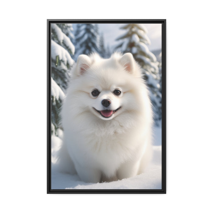Elegant White Puppy Christmas Wall Art with Black Pinewood Frame