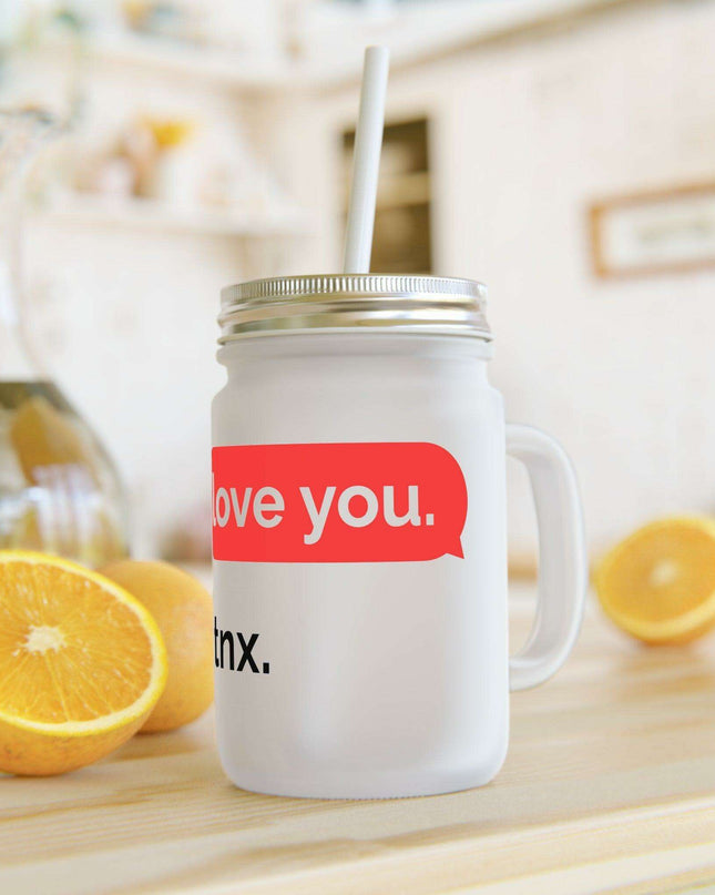 Customizable Frosted Glass Mason Jar Mug Set - 16oz LOVE Design for Unique Beverage Experience