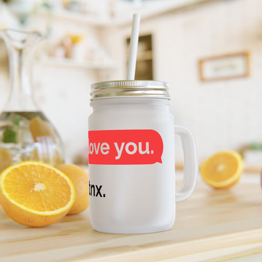 LOVE text Valentine Glass Mason Jar Drinking Mug with Lid and Straw - 16oz