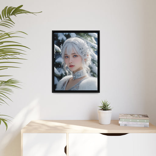 Elegant Snow White Christmas Girl Matte Canvas in Modern Black Frame