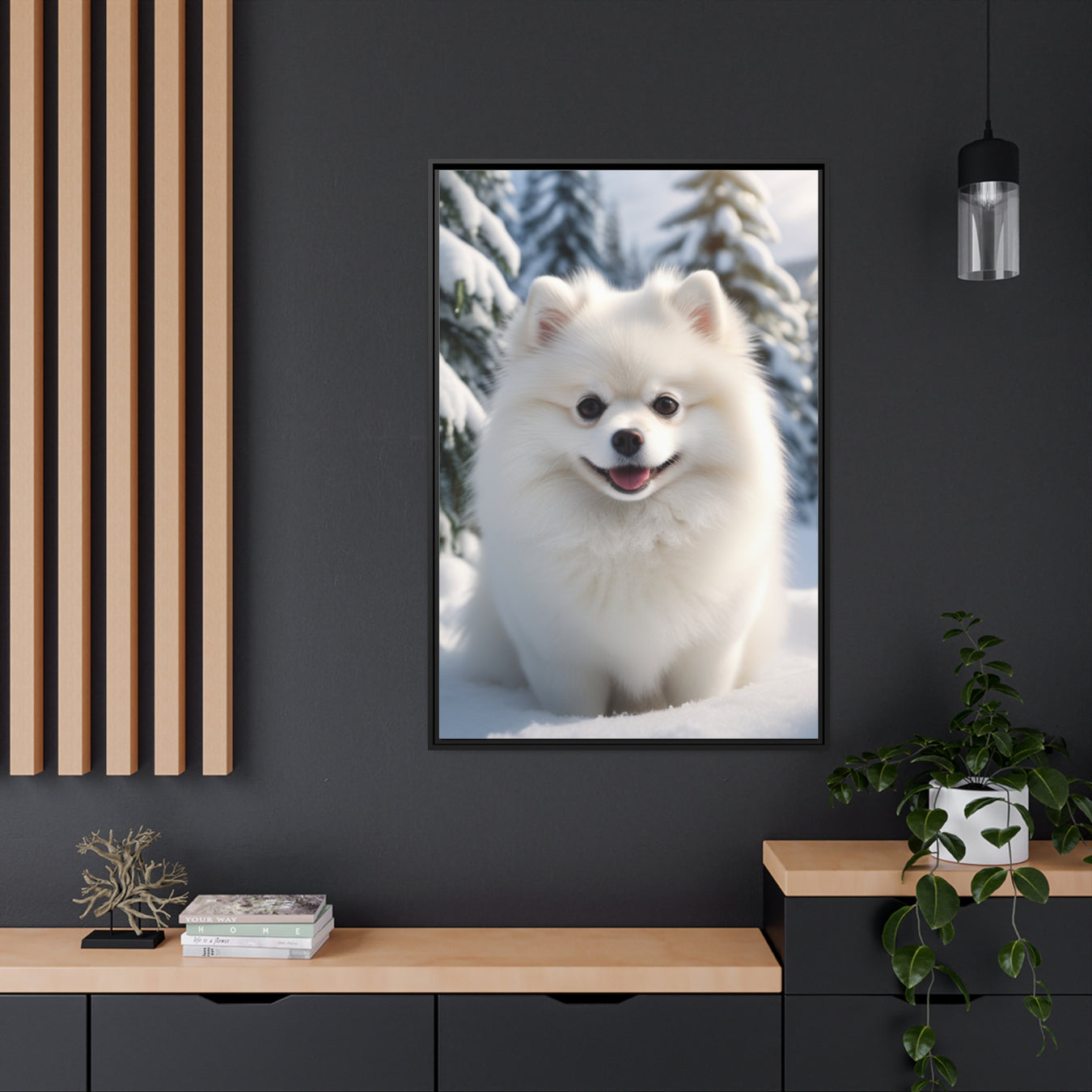 Elegant White Puppy Christmas Canvas Print with Black Pinewood Frame