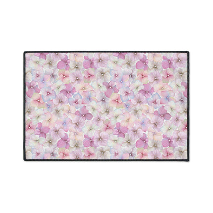 Chic Customizable Blue Daisy Floor Mat with Elegant Black Edging