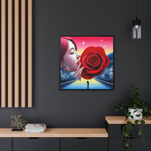 Lovely Girl and Rose Valentine Matte Canvas Pinewood Frame