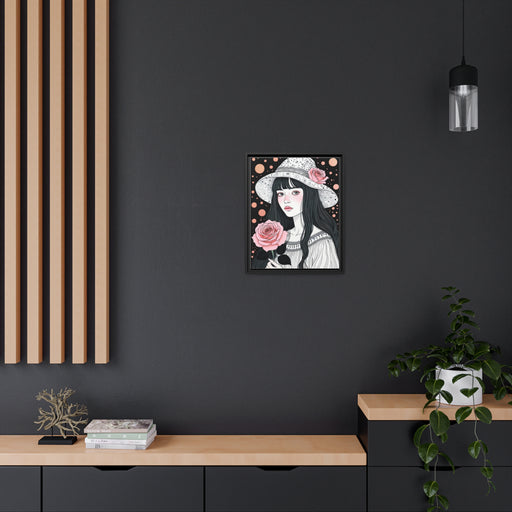 Elegant Black Pinewood Framed Rose and Girl Canvas Art