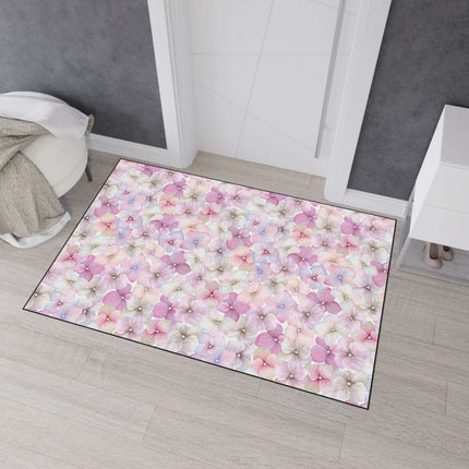 Chic Customizable Blue Daisy Floor Mat with Elegant Black Edging