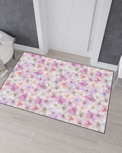 Chic Customizable Blue Daisy Floor Mat with Elegant Black Edging