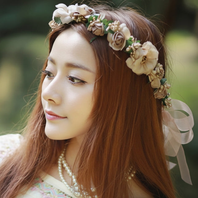 Peekaboo Studio Wedding Garland Flower Crown with Adjustable Fit & Sil