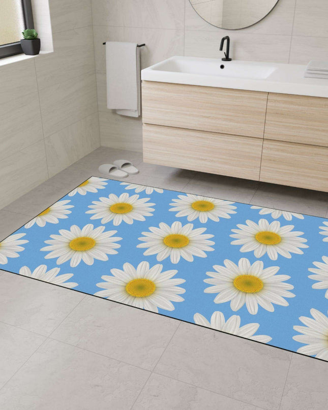 Chic Blue Daisy Area Rug with Elegant Black Border - Luxury Floor Mat by Maison d'Elite