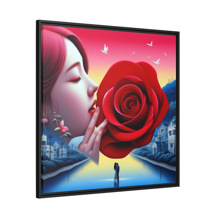 Enchanting Beauty: Lovely Maiden and Rose Valentine Matte Canvas Art on Black Pinewood Frame