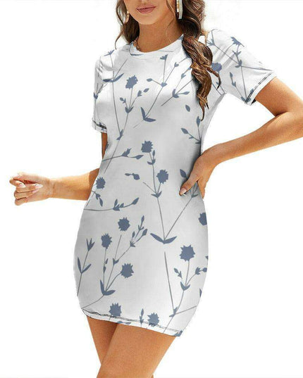 Elegant White Short Sleeve Wrap Dress with Crew Neck