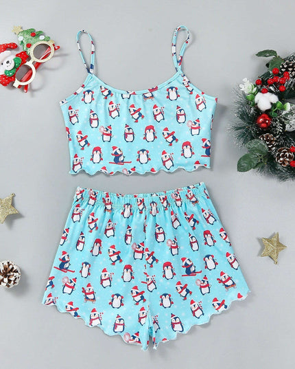 Christmas European And American Thin Pajamas Women's Sleeveless Shorts Milk Silk Simple Casual Two-piece Suit Homewear