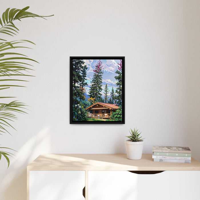 Log home Watercolor Matte Canvas - Black Pinewood Frame Printify