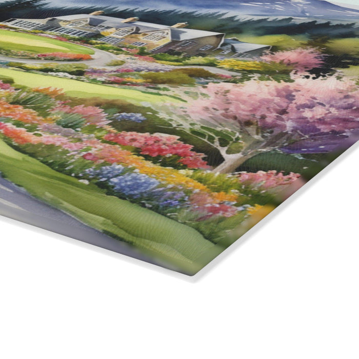 Watercolor Spring Landscape - Maison d'Elite Glass Cutting Board Printify