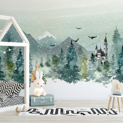 Hand painted castle forest animal kids room mural