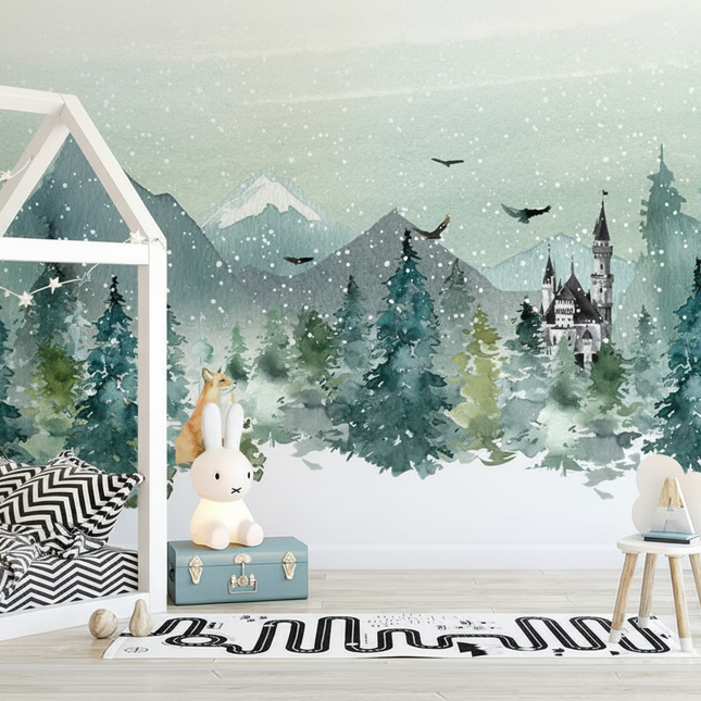 Hand painted castle forest animal kids room mural