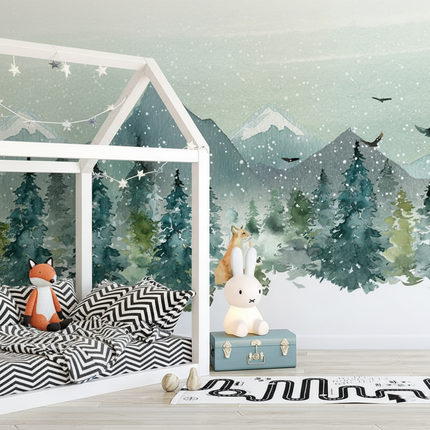 Hand painted castle forest animal kids room mural
