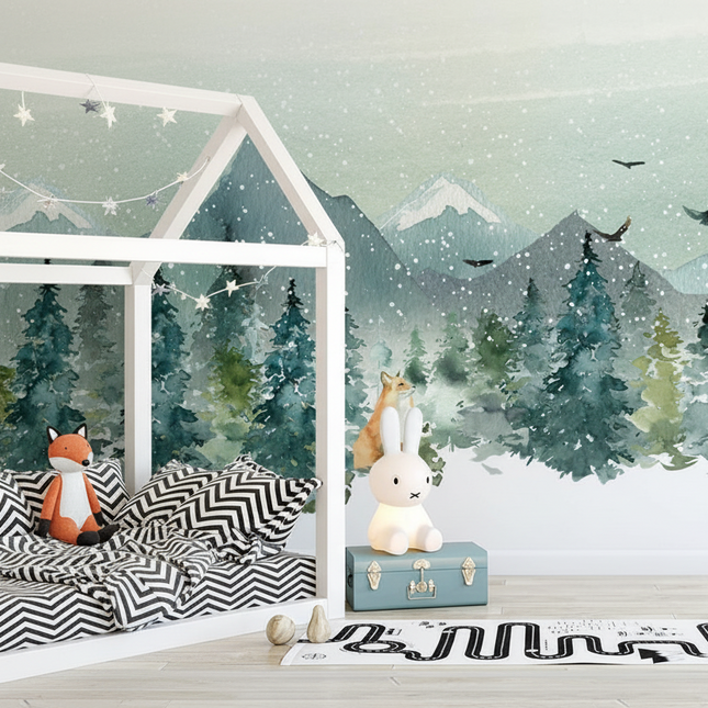 Hand painted castle forest animal kids room mural