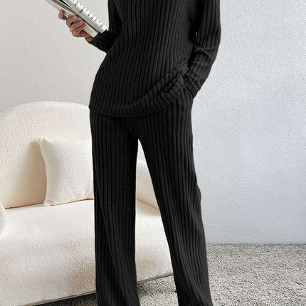 Elegant Black Ribbed V-Neck Lounge Set