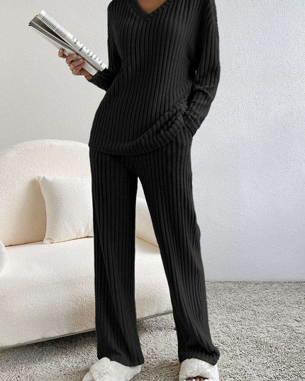 Elegant Black Ribbed V-Neck Lounge Set