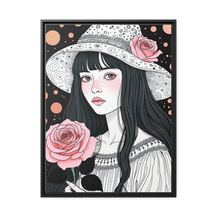 Elegant Rose and Girl Print on Sustainable Canvas with Black Pinewood Frame