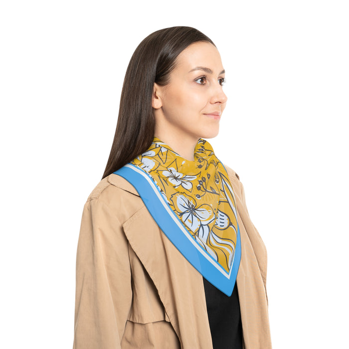 Airy Blue and Orange Floral Sheer Scarf: Luxurious Poly Voile Fashion Accessory