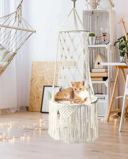 Bohemian Woven Cat Hammock Bed - Handcrafted Cotton Rope Swing with Tassels - Cozy Nest for Kittens and Indoor Decor