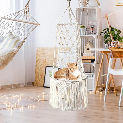 Bohemian Woven Cat Hammock Bed - Handcrafted Cotton Rope Swing with Tassels - Cozy Nest for Kittens and Indoor Decor