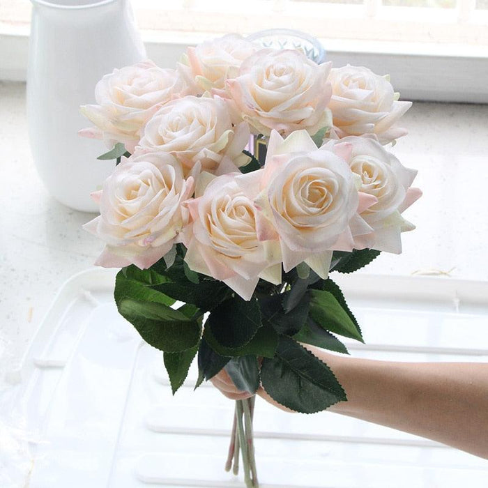 Rose Bouquet Set of 15 - Real Touch Flowers for Home Decor and Weddings