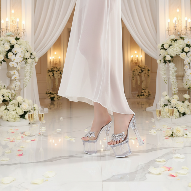 Platform High Heel Sandals with Rhinestone Detail