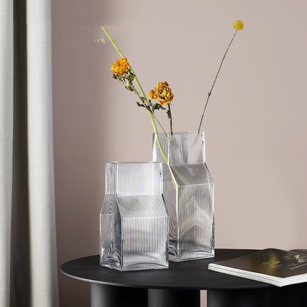 Vertical Fluted Square Glass Vase For Dried Flowers Handmade Modern Decor