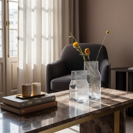 Vertical Fluted Square Glass Vase For Dried Flowers Handmade Modern Decor