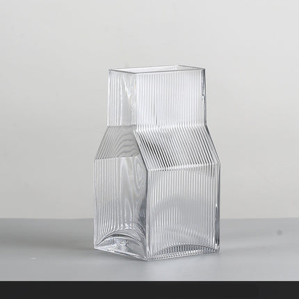 Vertical Fluted Square Glass Vase For Dried Flowers Handmade Modern Decor