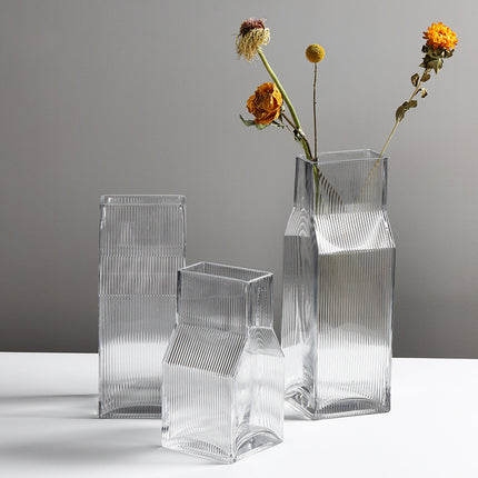 Vertical Fluted Square Glass Vase For Dried Flowers Handmade Modern Decor