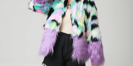 Peekaboo Studio Two-Tone Faux Fur Plush Coat with Stitching Detail
