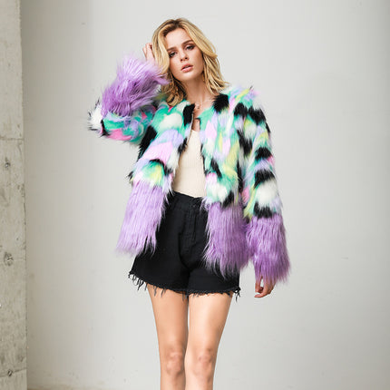 Peekaboo Studio Two-Tone Faux Fur Plush Coat with Stitching Detail