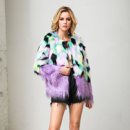 Peekaboo Studio Two-Tone Faux Fur Plush Coat with Stitching Detail