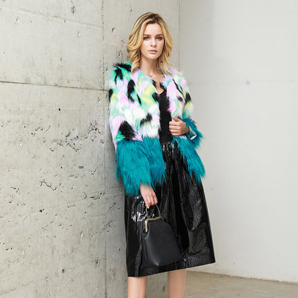 Peekaboo Studio Two-Tone Faux Fur Plush Coat with Stitching Detail