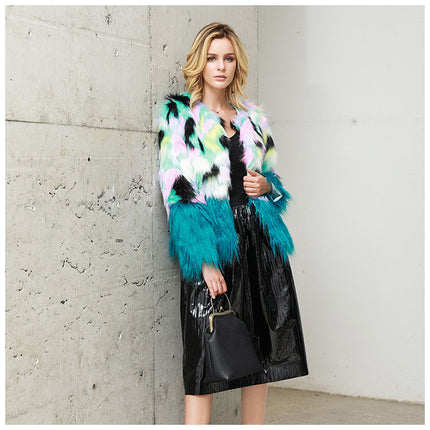 Peekaboo Studio Two-Tone Faux Fur Plush Coat with Stitching Detail