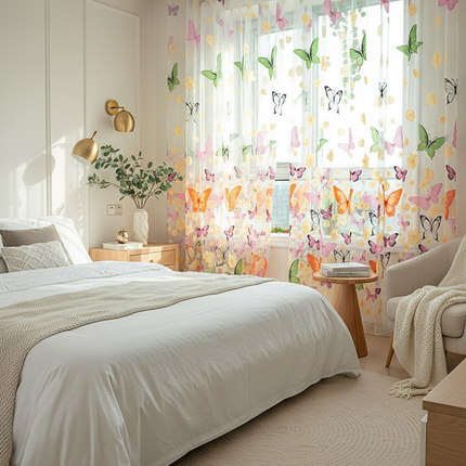 Butterfly Offset Printing Polyester Curtain — Burnt-Out Sheer, Light-Transmitting Panel
