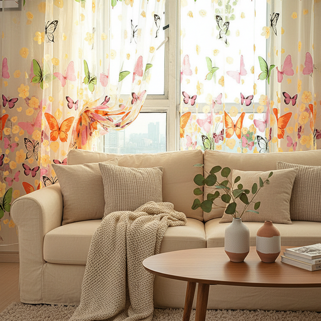 Butterfly Offset Printing Polyester Curtain — Burnt-Out Sheer, Light-Transmitting Panel