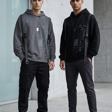 Technical Graphic Hoodie with Buckle Straps in Black or Gray Hoodies wls-dark-digit-hoodie Clothing, Shoes & Jewelry > Clothing > Fashion Hoodies & Sweatshirts > Hoodies