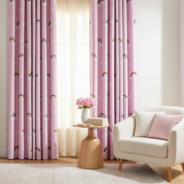 Pink curtains with a subtle pattern in a room with a white armchair and small table.