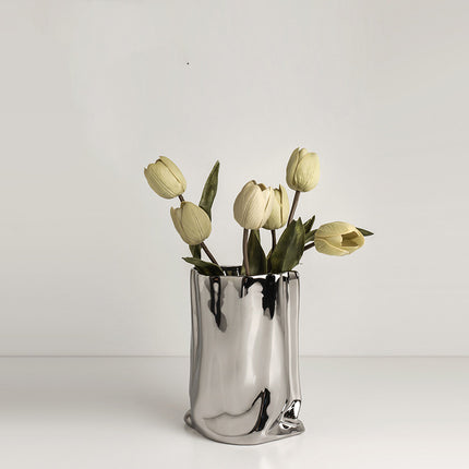 Electroplated Silver Ceramic Vase For Dried Flowers And Floral Decor