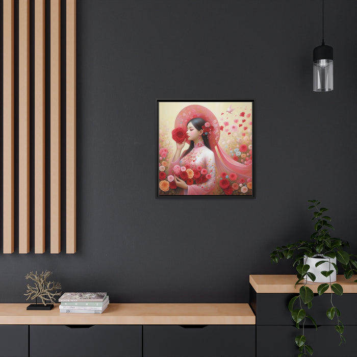 Elegant Asian Beauty Matte Canvas Print Set in Sleek Black Pinewood Frame